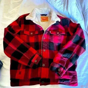 Levis Wool Red Black Plaid Buffalo Sherpa Trucker Jacket Women's (Unisex Sz L)